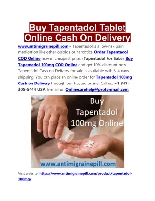 Buy Tapentadol Tablet Online Cash On Delivery