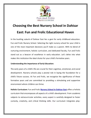 Choosing the Best Nursery School in Dahisar East Fun and Frolic Educational Haven