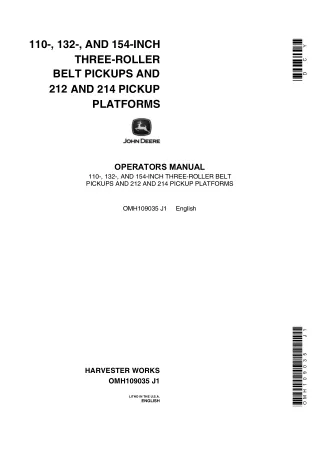 John Deere 110- 132- and 154-Inch Three-Roller Belt Pickups and 212 and 214 Pickup Platforms Operator’s Manual Instant D