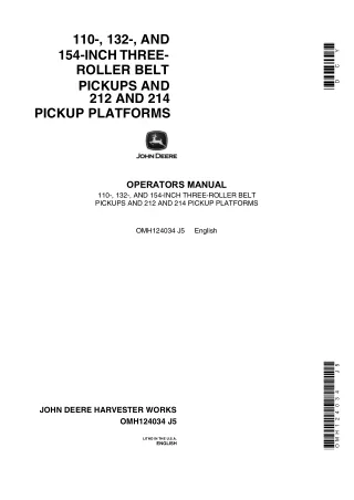 John Deere 110- 132- and 154-Inch Three-Roller Belt Pickups and 212 and 214 Pickup Platforms Operator’s Manual Instant D