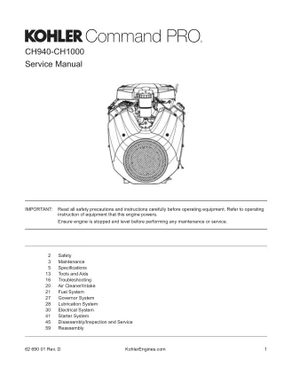 Kohler Command Pro CH940 Horizontal Crankshaft Service Repair Manual