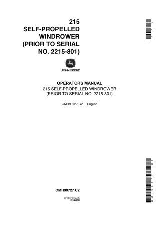 John Deere 215 Self-Propelled Windrower Operator’s Manual Instant Download (PIN2215-801) (Publication No.OMH90727)