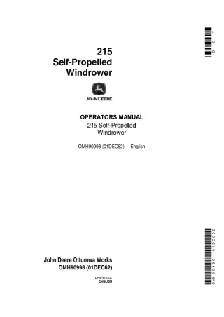 John Deere 215 Self-Propelled Windrower Operator’s Manual Instant Download (Publication No.OMH90998)