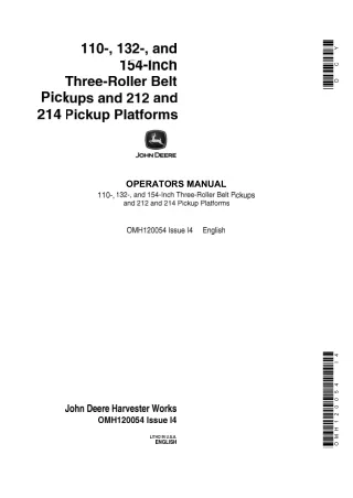 John Deere 110- 132- and 154-Inch Three-Roller Belt Pickups and 212 and 214 Pickup Platforms Operator’s Manual Instant D