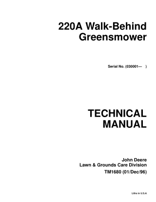 John Deere 220A Walk-Behind Greensmower Service Repair Manual Instant Download (SN 030001 and up)