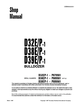 Komatsu D39E-1 Dozer Bulldozer Service Repair Manual SN P095501 and up