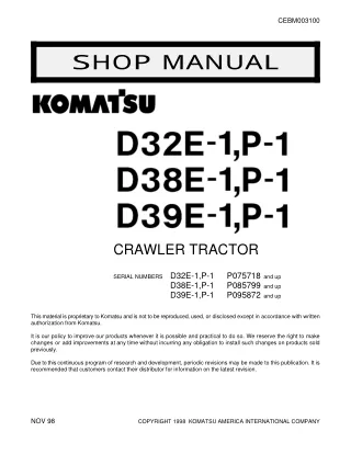 Komatsu D39E-1 Dozer Bulldozer Service Repair Manual SN P095872 and up