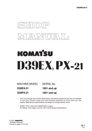 Komatsu D39EX-21 Dozer Bulldozer Service Repair Manual SN：1001 and up