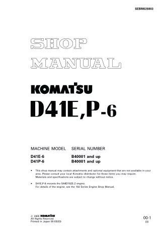 Komatsu D41E-6 Dozer Bulldozer Service Repair Manual SN B40001 and up