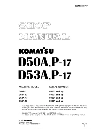 Komatsu D50A-17 Dozer Bulldozer Service Repair Manual SN 80001 and up