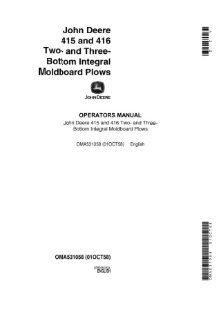 John Deere 415 and 416 Two- and Three- Bottom Integral Moldboard Plows Operator’s Manual Instant Download (Publication N