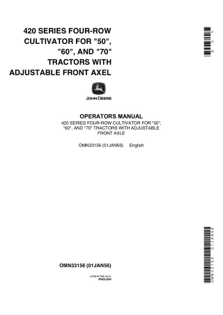 John Deere 420 Series Four-Row Cultivator for 50 60 and 70 Tractors With Adjustable Front Axel Operator’s Manual Instant