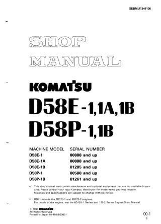 Komatsu D58E-1 Dozer Bulldozer Service Repair Manual SN 80588 and up