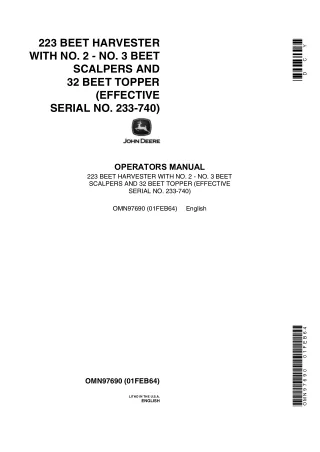 John Deere 223 Beet Harvester With NO.2-NO.3 Beet Scalpers and 32 Beet Topper (Effective Serial No.223-740 ) Operator’s