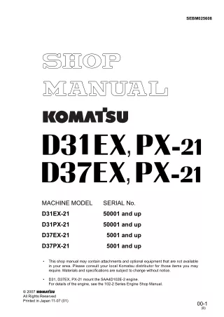 Komatsu D37PX-21 Bulldozer Service Repair Manual SN 5001 and up