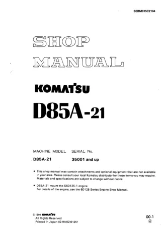 Komatsu D85A-21 Dozer Bulldozer Service Repair Manual SN 35001 and up, 36090 and up