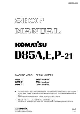 Komatsu D85A-21 Dozer Bulldozer Service Repair Manual SN 35001 and up