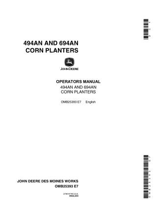 John Deere 494AN and 694AN Corn Planters Operator’s Manual Instant Download (Publication No.OMB25393)