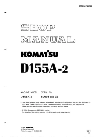 Komatsu D155A-2 Dozer Bulldozer Service Repair Manual SN 50001 and up