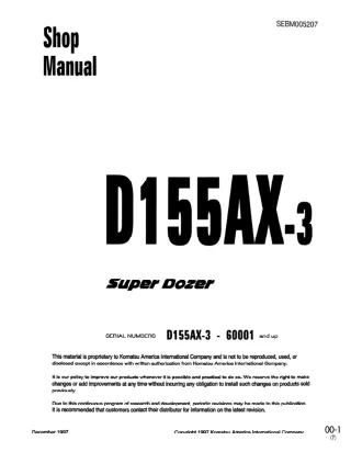 Komatsu D155AX-3 Super Dozer Bulldozer Service Repair Manual SN 60001 and up