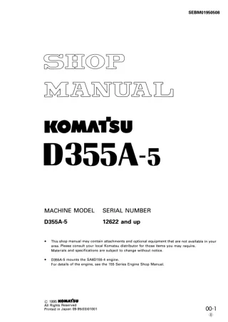 KOMATSU D355A-5 DOZER BULLDOZER Service Repair Manual SN 12622 and up