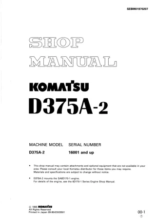 KOMATSU D375A-2 DOZER BULLDOZER Service Repair Manual SN 16001 and up