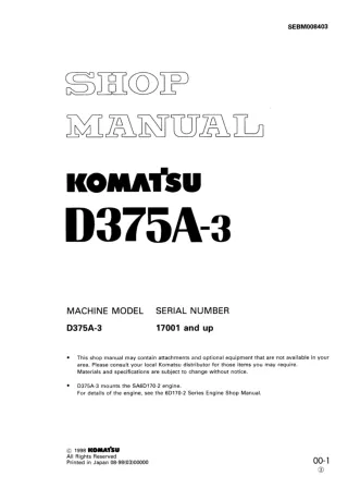 Komatsu D375A-3 Dozer Bulldozer Service Repair Manual SN 17001 and up