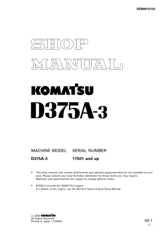 Komatsu D375A-3 Dozer Bulldozer Service Repair Manual SN 17501 and up