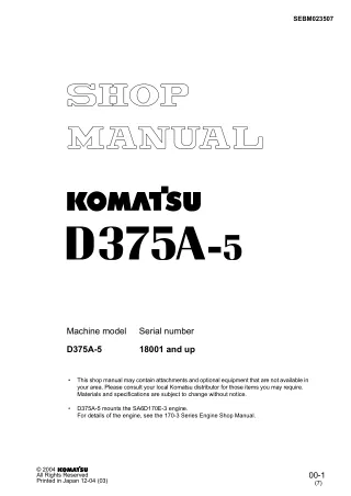 Komatsu D375A-5 Dozer Bulldozer Service Repair Manual SN 18001 and up