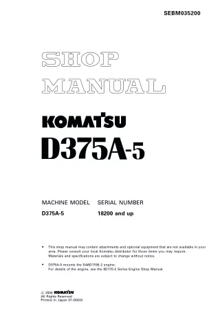 Komatsu D375A-5 Dozer Bulldozer Service Repair Manual SN 18200 and up