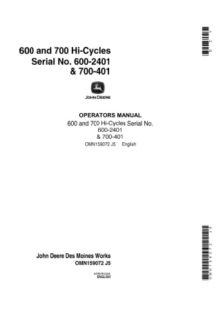 John Deere 600 and 700 Hi-Cycles (Serial No.600-2401 & 700-401) Operator’s Manual Instant Download (Publication No.OMN15