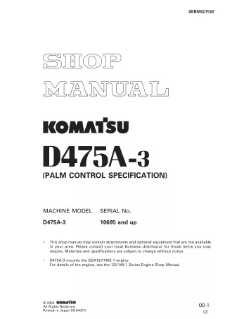 Komatsu D475A-3 Dozer Bulldozer Service Repair Manual SN 10695and up