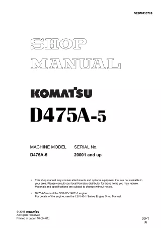 Komatsu D475A-5 Dozer Bulldozer Service Repair Manual SN 20001 and up