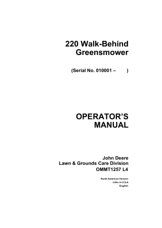 John Deere 220 Walk-Behind Greensmower Operator’s Manual Instant Download (PIN010001-) (Publication No.OMMT1257)