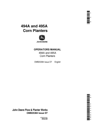 John Deere 494A and 495A Corn Planters Operator’s Manual Instant Download (Publication No.OMB25384)