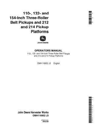 John Deere 110- 132- and 154-Inch Three-Roller Belt Pickups and 212 and 214 Pickup Platforms Operator’s Manual Instant D