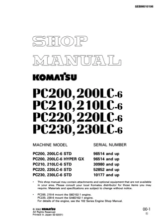 Komatsu PC200, PC200LC-6 STD Hydraulic Excavator Service Repair Manual SN：96514 and up