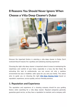 8 Reasons You Should Never Ignore When Choose a Villa Deep Cleaner's Dubai