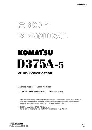 Komatsu D375A-5 Dozer Bulldozer Service Repair Manual (SN 18052 and up)