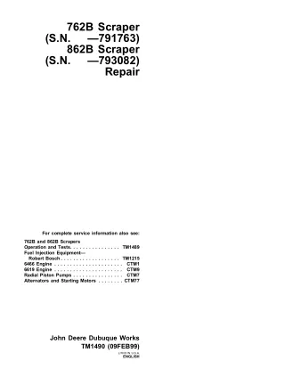 John Deere 762B, 862B Scraper Service Repair Manual Instant Download (tm1489 and tm1490)
