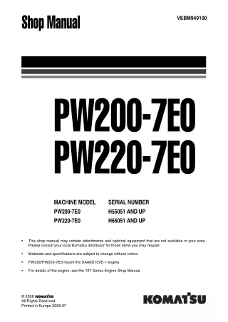 Komatsu PW200-7E0 Hydraulic Excavator Service Repair Manual SN H55051 and up