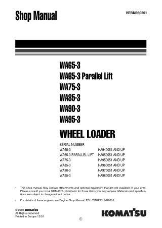 KOMATSU WA75-3 WHEEL LOADER Service Repair Manual SN：HA950051 AND UP