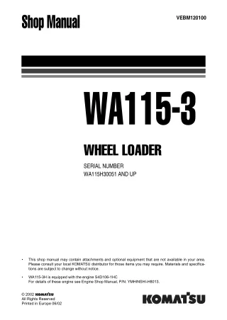 Komatsu WA115-3 Wheel Loader Service Repair Manual SNWA115H30051 and up