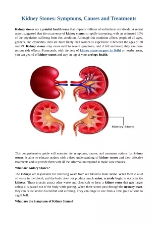 Kidney Stones: Symptoms, Causes and Treatments