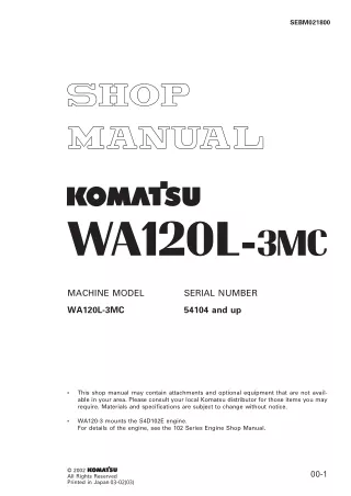 Komatsu WA120L-3MC Wheel Loader Service Repair Manual SN：54104 and up