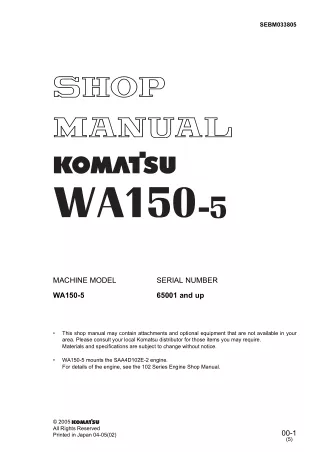 KOMATSU WA150-5 WHEEL LOADER Service Repair Manual SN：65001 and up