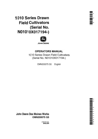 John Deere 1010 Series Drawn Field Cultivators (Serial No.N01010X017194-) Operator’s Manual Instant Download (Publicatio