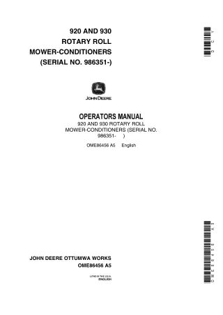 John Deere 920 and 930 Rotary Roll Mower-Conditioners Operator’s Manual Instant Download (PIN986351-) (Publication No.OM