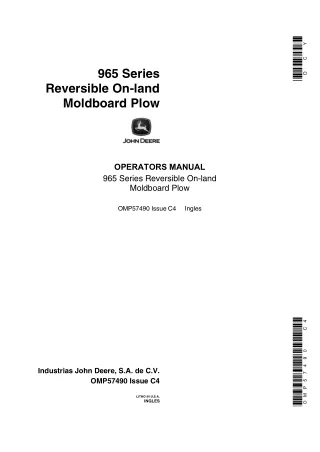 John Deere 965 Series Reversible On-land Moldboard Plow Operator’s Manual Instant Download (Publication No.OMP57490)