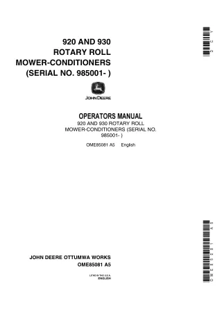 John Deere 920 and 930 Rotary Roll Mower-Conditioners Operator’s Manual Instant Download (Pin.985001-) (Publication No.O